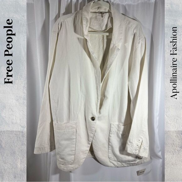 Free People Simply Perfect Women's Stone Linen Blazer Large NWT - Picture 4 of 6